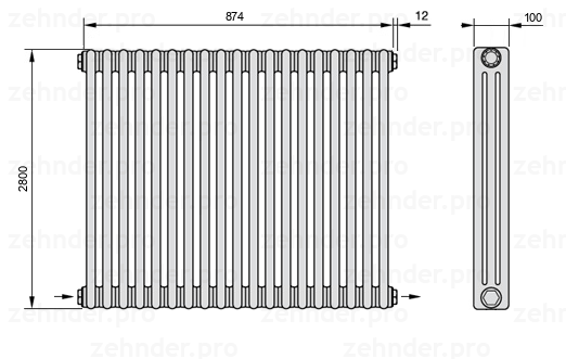 Схема (чертеж) Радиатор Zehnder Charleston 3280/19 №2670 Белый глянцевый RAL 9016